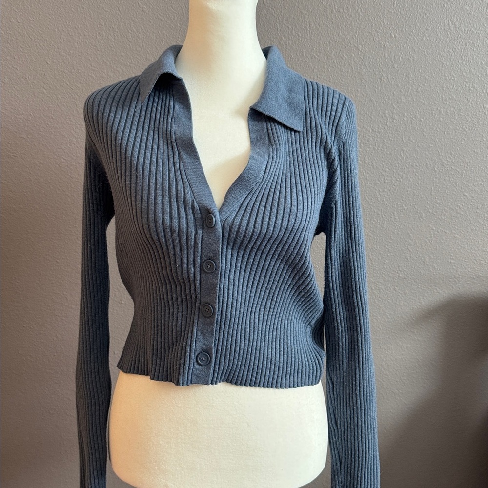 Aerie | Ribbed Buttoned Dark Blue Knit Top | Size Medium